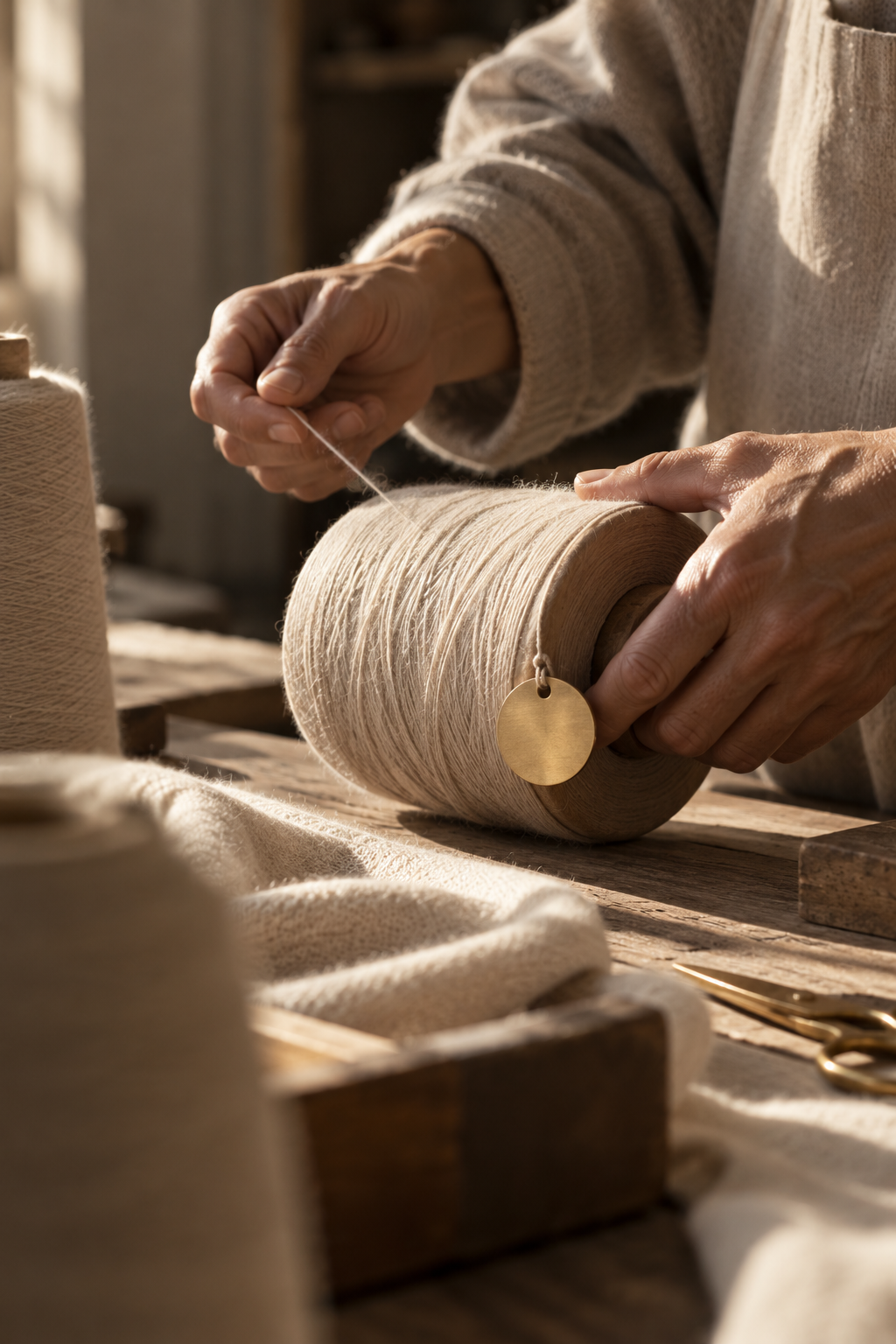 Artisan's hands winding yarn spool with Brass tag