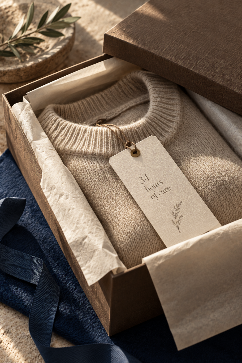 Heirloom box with folded garment and '34 hours of care' tag