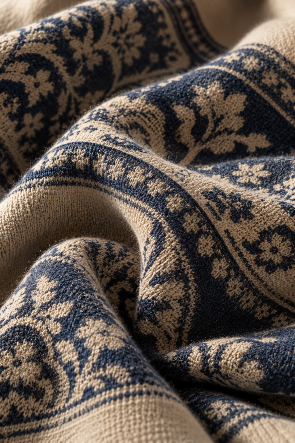 Intricate jacquard-knit texture in blue and cream